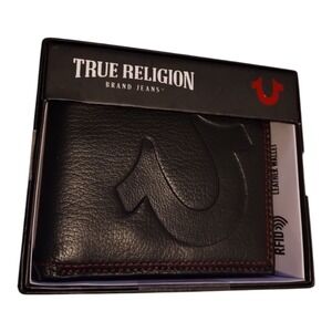 True Religion Men's Horseshoe Logo Leather Bi-Fold Wallet Black NEW W/ Gift Box‎